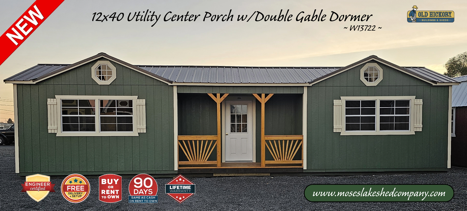 12 x 40 UTILITY w/CENTER PORCH & DOUBLE GABLE DORMERS ** Old Hickory