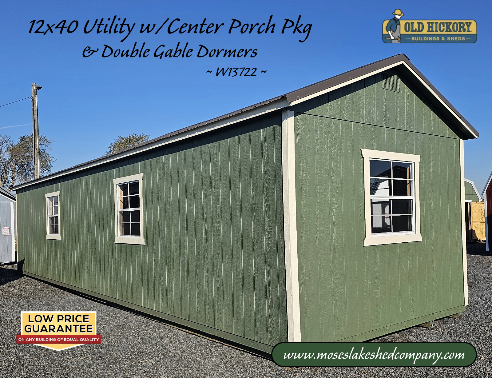 12 x 40 UTILITY w/CENTER PORCH & DOUBLE GABLE DORMERS ** Old Hickory